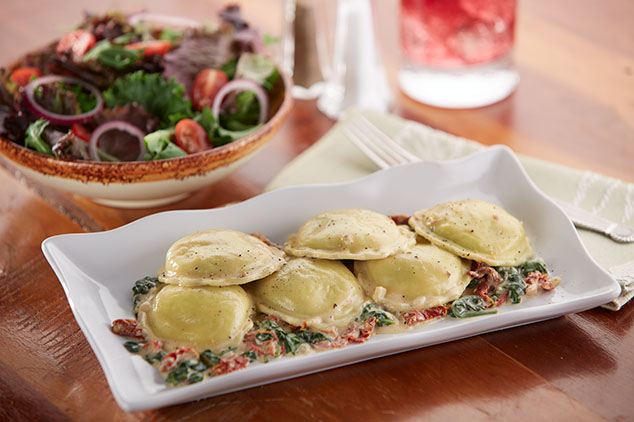 Celentano Four Cheese Ravioli and Pesto Cream Sauce with Sun Dried Tomatoes, Baby Spinach