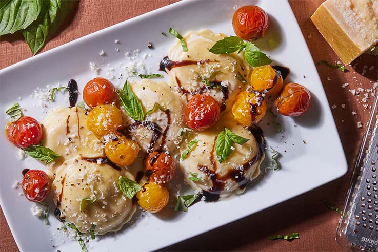 Celentano Four Cheese Ravioli with Pan Roasted Tomatoes, Basil, and Balsamic Vinegar