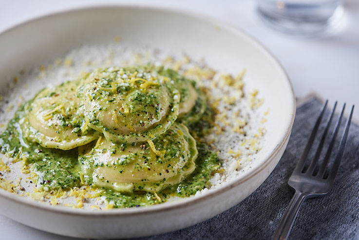 Celentano Four Cheese Ravioli with Tuscan Kale Pesto and Lemon