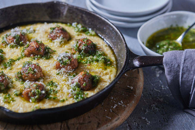 Cheese polenta with chimichurri with Meatballs