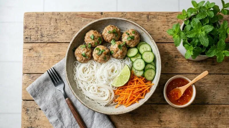 Bang Bang Chicken Meatballs Rice Noodle Salad Bowl