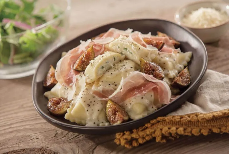 Gluten Free Cheese Ravioli Cacio e Pepe with Roasted Pears