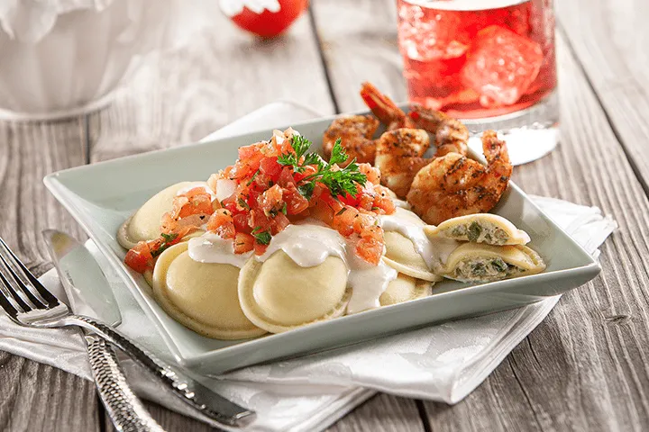Celentano Roasted Poblano and Smoked Gouda Ravioli with Grilled Cajun Shrimp