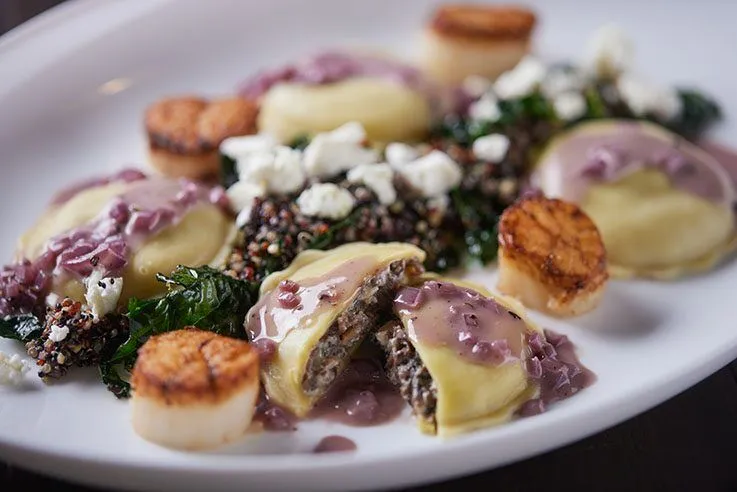 Mushroom Ravioli Scallops Quinoa Kale