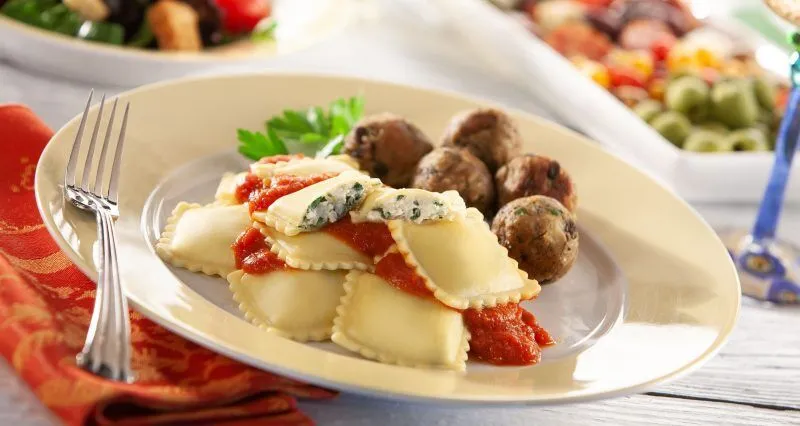 celentano spinach and cheese ravioli pomodoro meatless meatball recipe scaled