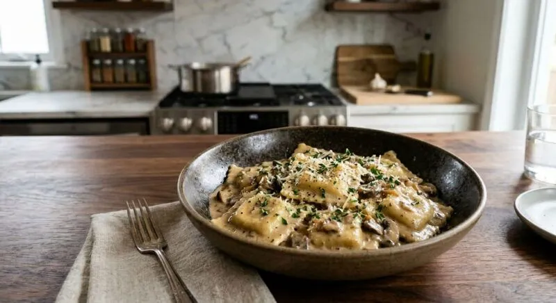 Gluten Free High Protein 4 Cheese Ravioli Mushroom and French Onion Cream Sauce