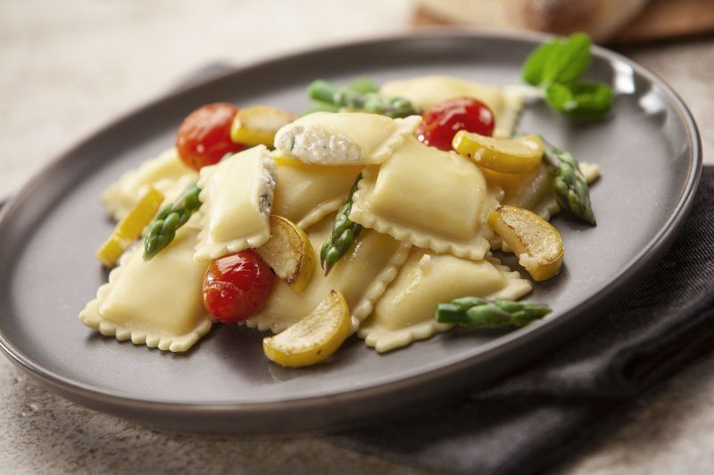 celentano 4 cheese ravioli asparagus cherry tomato scaled