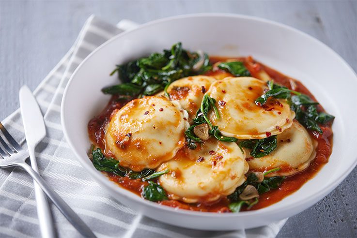 Garlic Florentine Ravioli Diavlo Sauce