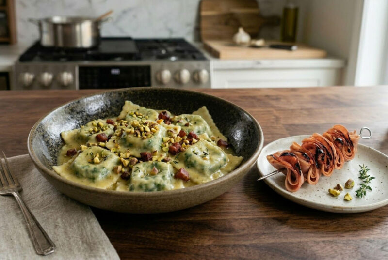 Gluten Free Spinach & Cheese Ravioli Pistachio Butter and Crispy Mortadella Skewer