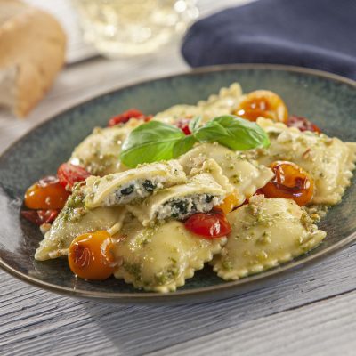 celentano spinach and cheese ravioli pesto cherry tomatoe scaled